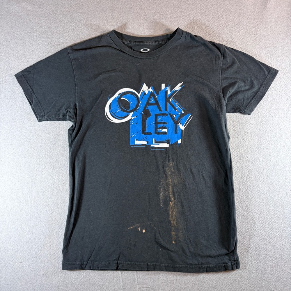 Oakley Mens Japan Fit Graphic T-Shirt Black Blue Distressed Bleach Small